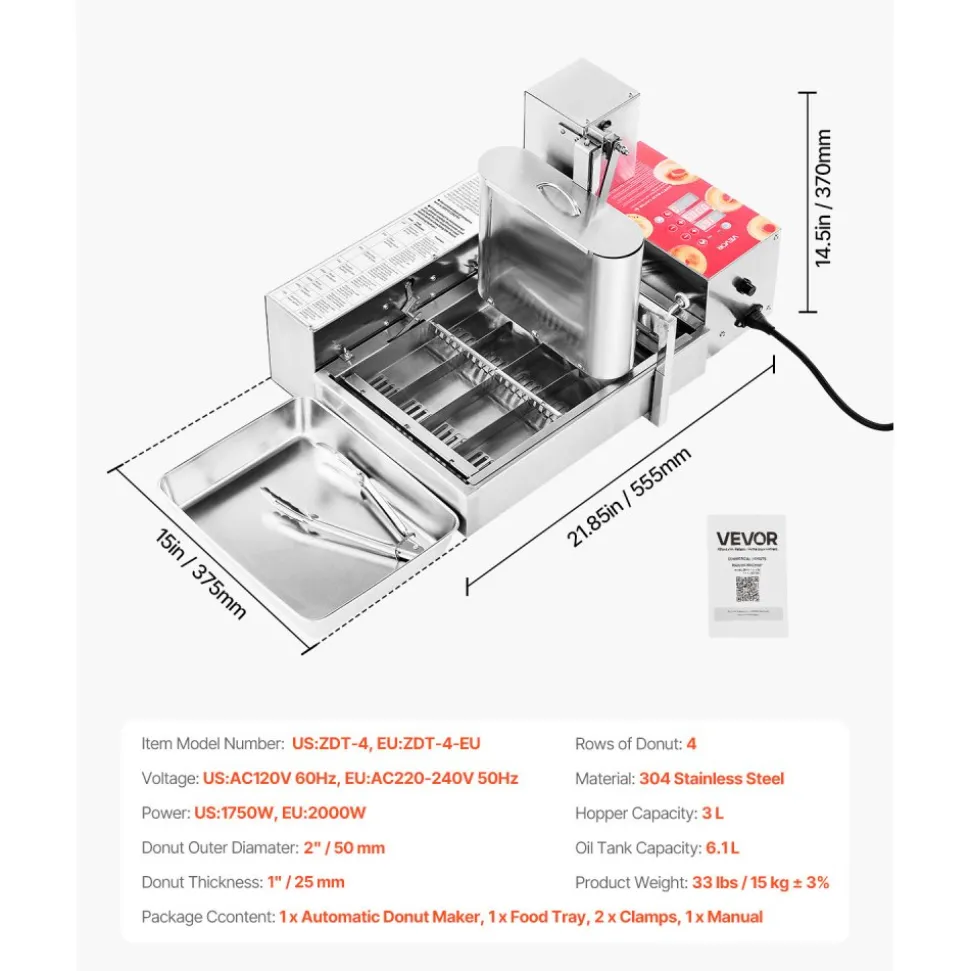 VEVOR Commercial Automatic Donuts Machine, 4 Rows Donuts Making Equipment, 240 pcs/hour Electric High Power Doughnut Maker, Stainless Steel Frying Auto Fryer, with Intelligent Control