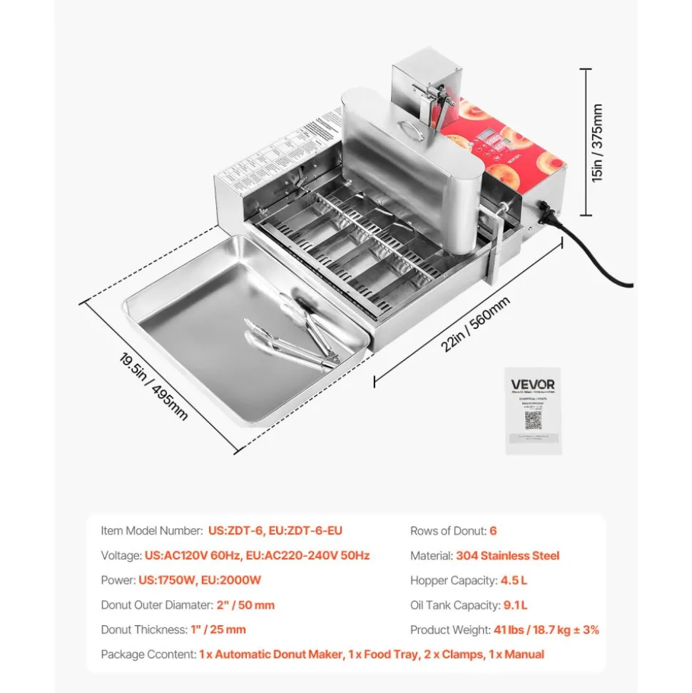 VEVOR Commercial Automatic Donuts Machine, 6 Rows Donuts Making Equipment, 360 pcs/hour Electric High Power Doughnut Maker, Stainless Steel Frying Auto Fryer, with Intelligent Control