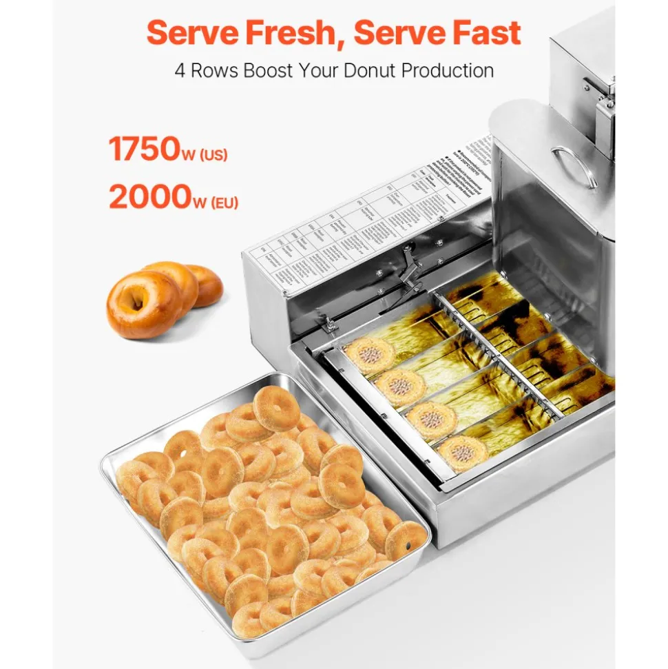 VEVOR Commercial Automatic Donuts Machine, 4 Rows Donuts Making Equipment, 240 pcs/hour Electric High Power Doughnut Maker, Stainless Steel Frying Auto Fryer, with Intelligent Control