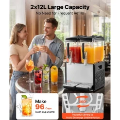 VEVOR Commercial Beverage Dispenser 2 Tanks 12 L / 12.7 QT Per Tank, Stainless Steel Juice Dispenser, Ice Tea Drink Machine with 45℉ to 54℉ Cooling Temperature, for Cold Drink Restaurant Bar Party