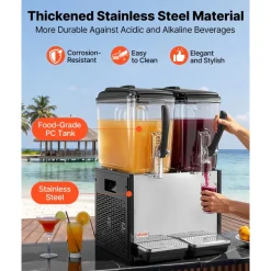 VEVOR Commercial Beverage Dispenser, 3 Tanks 10 L / 10.6 QT Per Tank Juice Dispenser, 440W Stainless Steel Ice Tea Drink Machine with 45°F-54°F Cooling Temperature, for Cold Drink Restaurant Bar Party