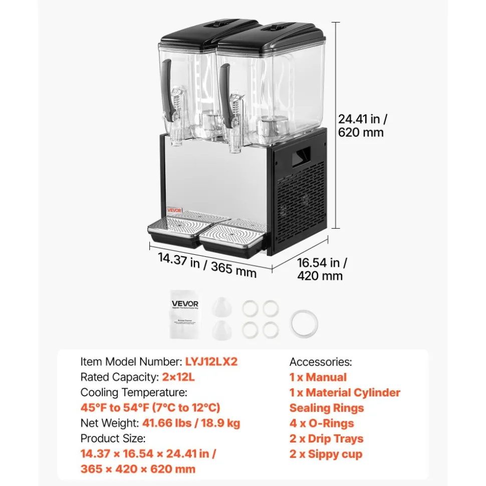 VEVOR Commercial Beverage Dispenser, 3 Tanks 10 L / 10.6 QT Per Tank Juice Dispenser, 440W Stainless Steel Ice Tea Drink Machine with 45°F-54°F Cooling Temperature, for Cold Drink Restaurant Bar Party
