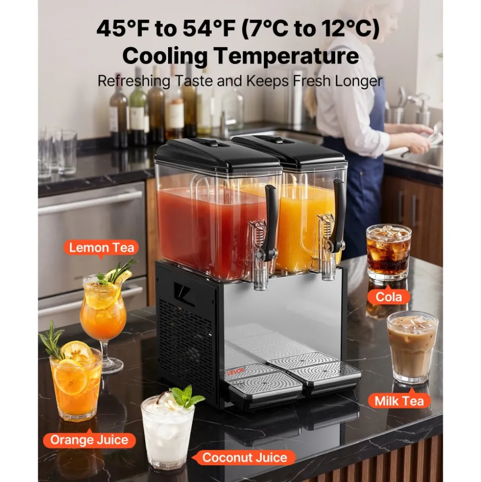 VEVOR Commercial Beverage Dispenser, 3 Tanks 10 L / 10.6 QT Per Tank Juice Dispenser, 440W Stainless Steel Ice Tea Drink Machine with 45°F-54°F Cooling Temperature, for Cold Drink Restaurant Bar Party