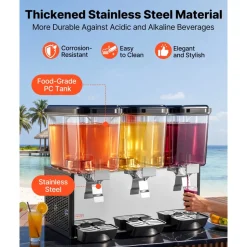VEVOR Commercial Beverage Dispenser 3 Tanks 18 L / 19 QT Per Tank, Stainless Steel Juice Dispenser, Ice Tea Drink Machine with 45℉ to 54℉ Cooling Temperature, for Cold Drink Restaurant Bar Party