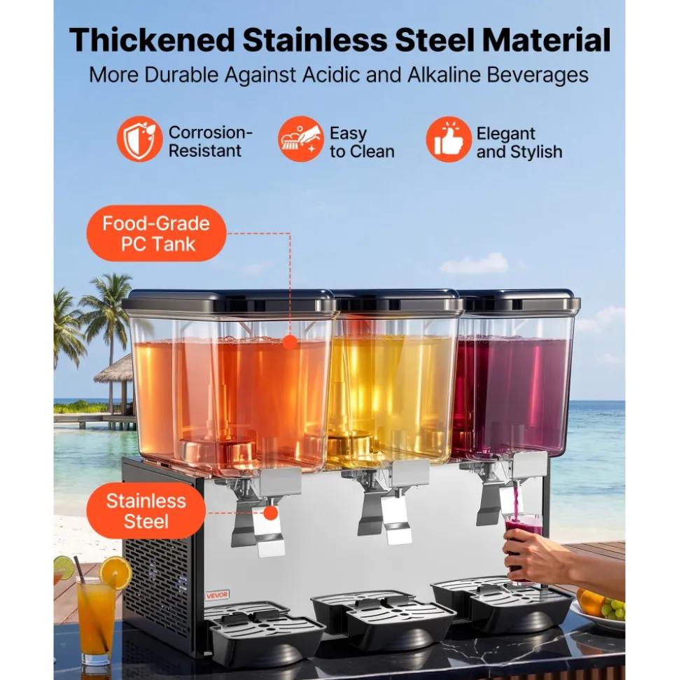 VEVOR Commercial Beverage Dispenser 3 Tanks 18 L / 19 QT Per Tank, Stainless Steel Juice Dispenser, Ice Tea Drink Machine with 45℉ to 54℉ Cooling Temperature, for Cold Drink Restaurant Bar Party