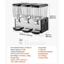 VEVOR Commercial Beverage Dispenser 3 Tanks 18 L / 19 QT Per Tank, Stainless Steel Juice Dispenser, Ice Tea Drink Machine with 45℉ to 54℉ Cooling Temperature, for Cold Drink Restaurant Bar Party