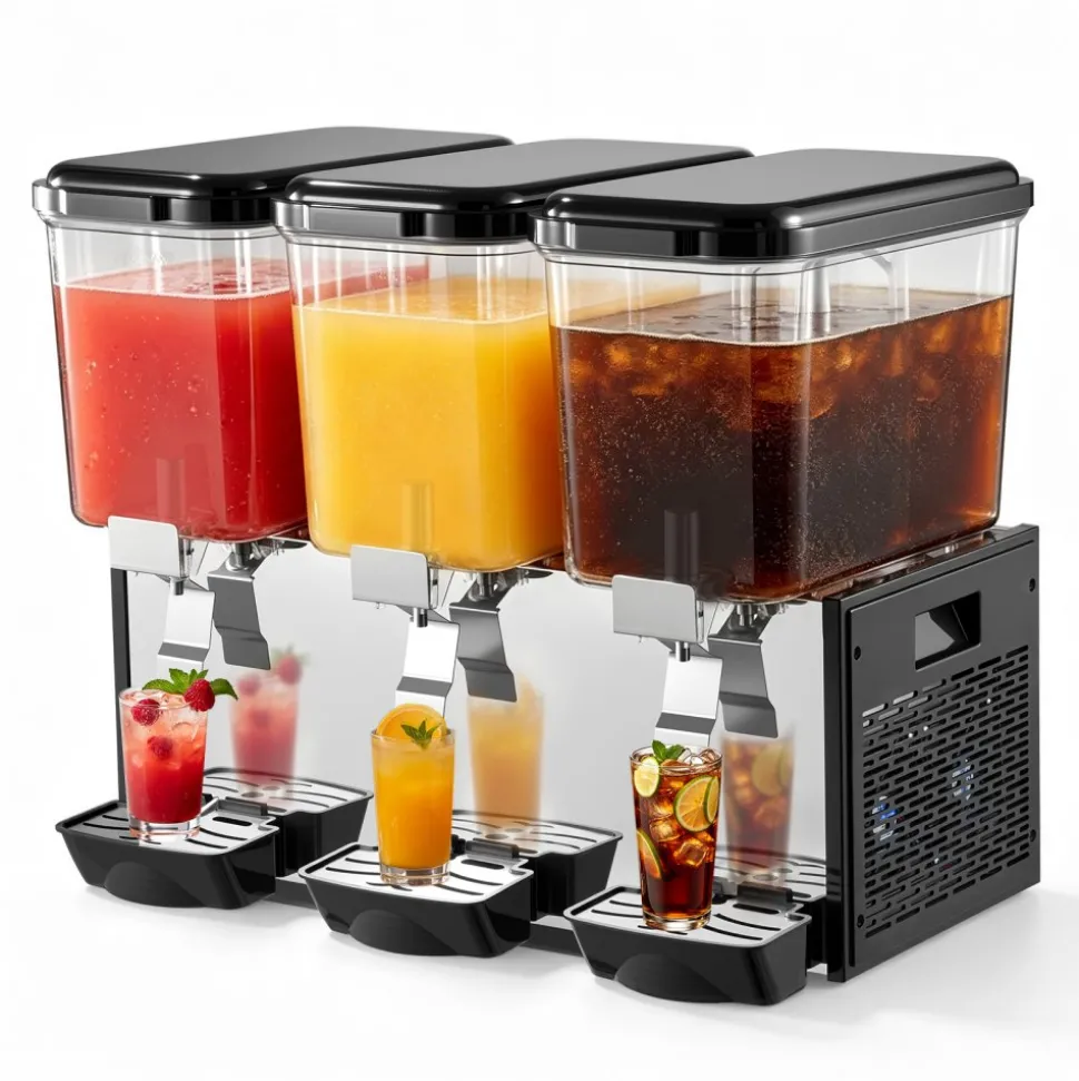 VEVOR Commercial Beverage Dispenser 3 Tanks 18 L / 19 QT Per Tank, Stainless Steel Juice Dispenser, Ice Tea Drink Machine with 45℉ to 54℉ Cooling Temperature, for Cold Drink Restaurant Bar Party