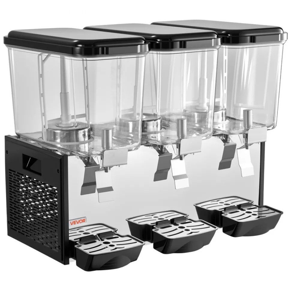 VEVOR Commercial Beverage Dispenser 3 Tanks 18 L / 19 QT Per Tank, Stainless Steel Juice Dispenser, Ice Tea Drink Machine with 45℉ to 54℉ Cooling Temperature, for Cold Drink Restaurant Bar Party