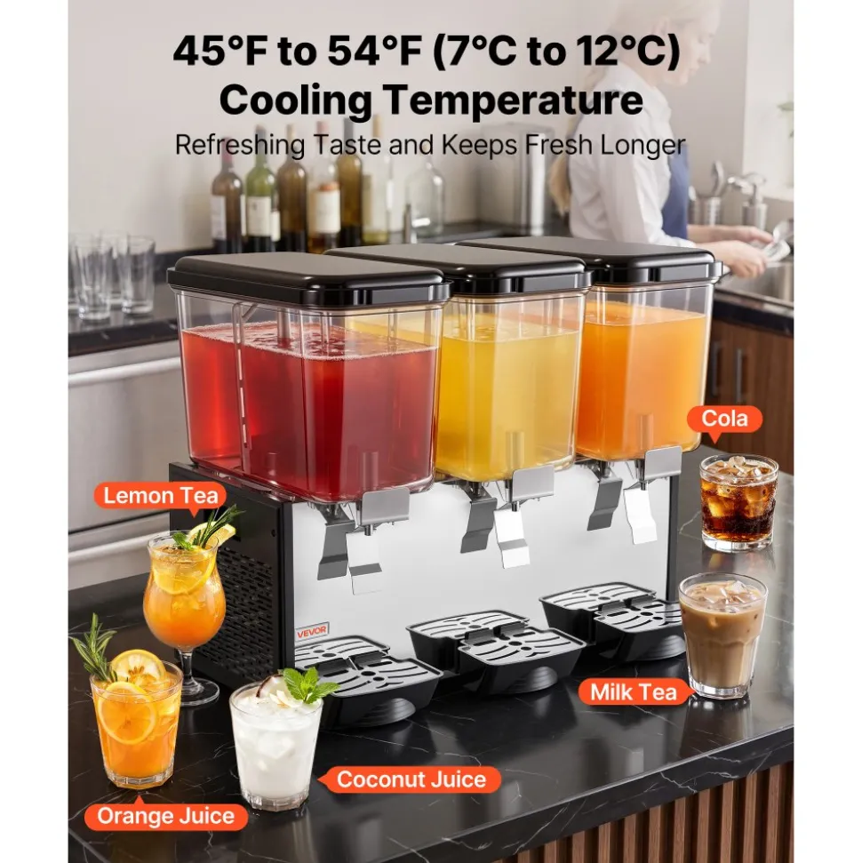 VEVOR Commercial Beverage Dispenser 3 Tanks 18 L / 19 QT Per Tank, Stainless Steel Juice Dispenser, Ice Tea Drink Machine with 45℉ to 54℉ Cooling Temperature, for Cold Drink Restaurant Bar Party