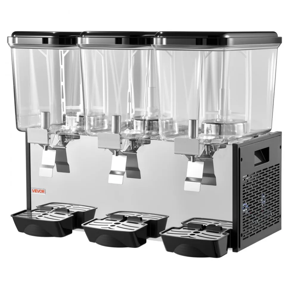 VEVOR Commercial Beverage Dispenser 3 Tanks 18 L / 19 QT Per Tank, Stainless Steel Juice Dispenser, Ice Tea Drink Machine with 45℉ to 54℉ Cooling Temperature, for Cold Drink Restaurant Bar Party