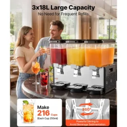 VEVOR Commercial Beverage Dispenser 3 Tanks 18 L / 19 QT Per Tank, Stainless Steel Juice Dispenser, Ice Tea Drink Machine with 45℉ to 54℉ Cooling Temperature, for Cold Drink Restaurant Bar Party