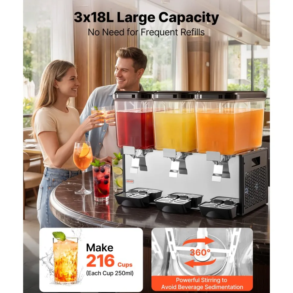 VEVOR Commercial Beverage Dispenser 3 Tanks 18 L / 19 QT Per Tank, Stainless Steel Juice Dispenser, Ice Tea Drink Machine with 45℉ to 54℉ Cooling Temperature, for Cold Drink Restaurant Bar Party