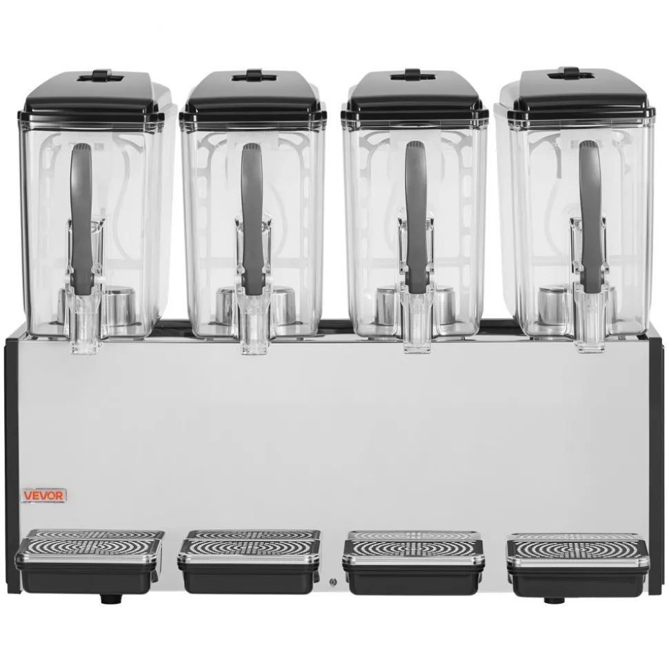 VEVOR Commercial Beverage Dispenser 4 Tanks 12 L / 12.7 QT Per Tank, Stainless Steel Juice Dispenser, Ice Tea Drink Machine with 45℉ to 54℉ Cooling Temperature, for Cold Drink Restaurant Bar Party