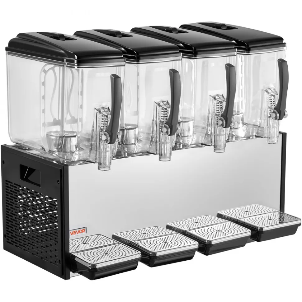 VEVOR Commercial Beverage Dispenser 4 Tanks 12 L / 12.7 QT Per Tank, Stainless Steel Juice Dispenser, Ice Tea Drink Machine with 45℉ to 54℉ Cooling Temperature, for Cold Drink Restaurant Bar Party