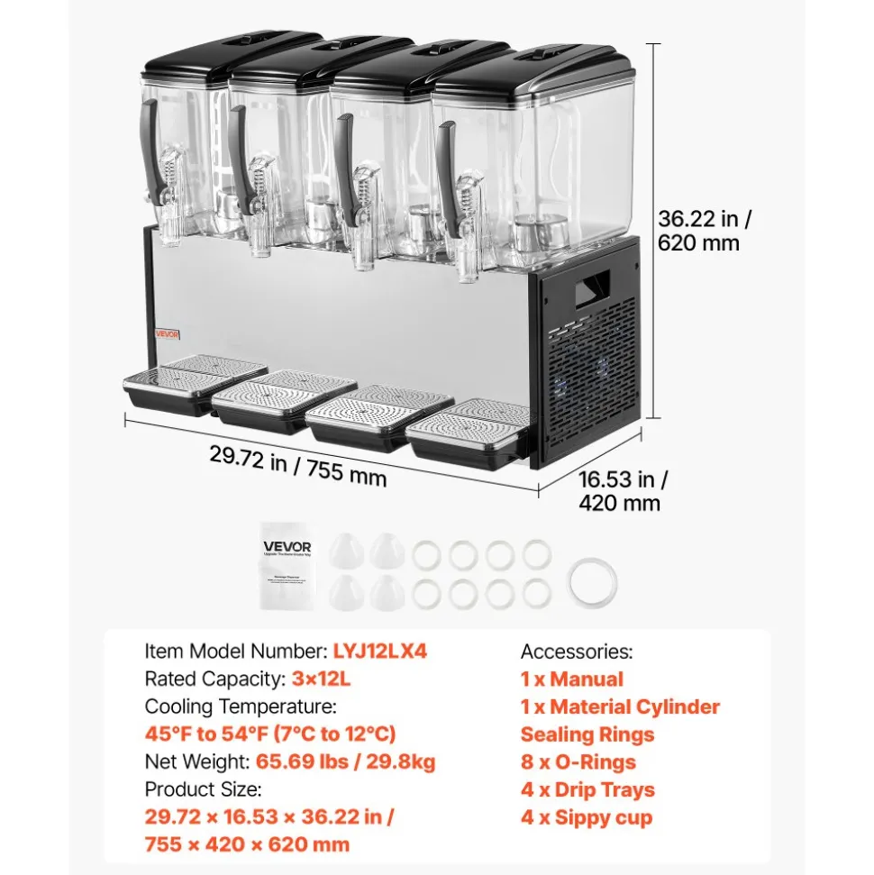 VEVOR Commercial Beverage Dispenser 4 Tanks 12 L / 12.7 QT Per Tank, Stainless Steel Juice Dispenser, Ice Tea Drink Machine with 45℉ to 54℉ Cooling Temperature, for Cold Drink Restaurant Bar Party