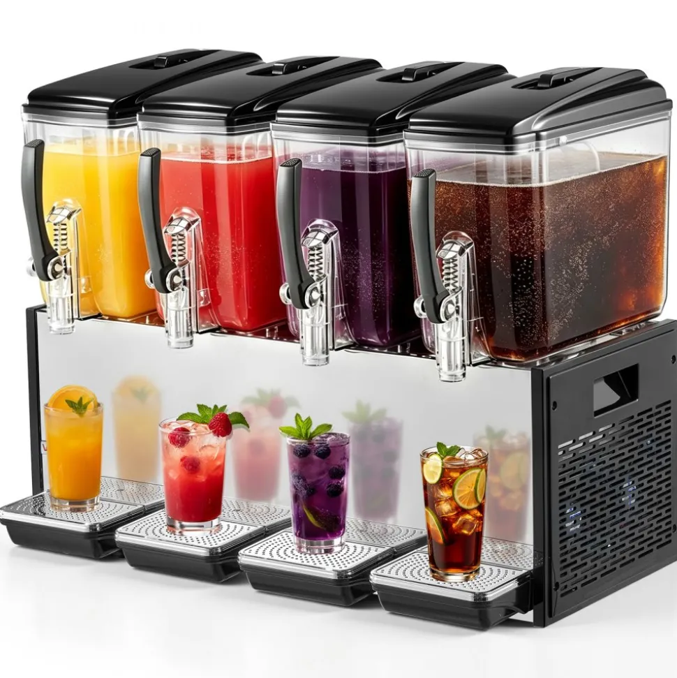 VEVOR Commercial Beverage Dispenser 4 Tanks 12 L / 12.7 QT Per Tank, Stainless Steel Juice Dispenser, Ice Tea Drink Machine with 45℉ to 54℉ Cooling Temperature, for Cold Drink Restaurant Bar Party