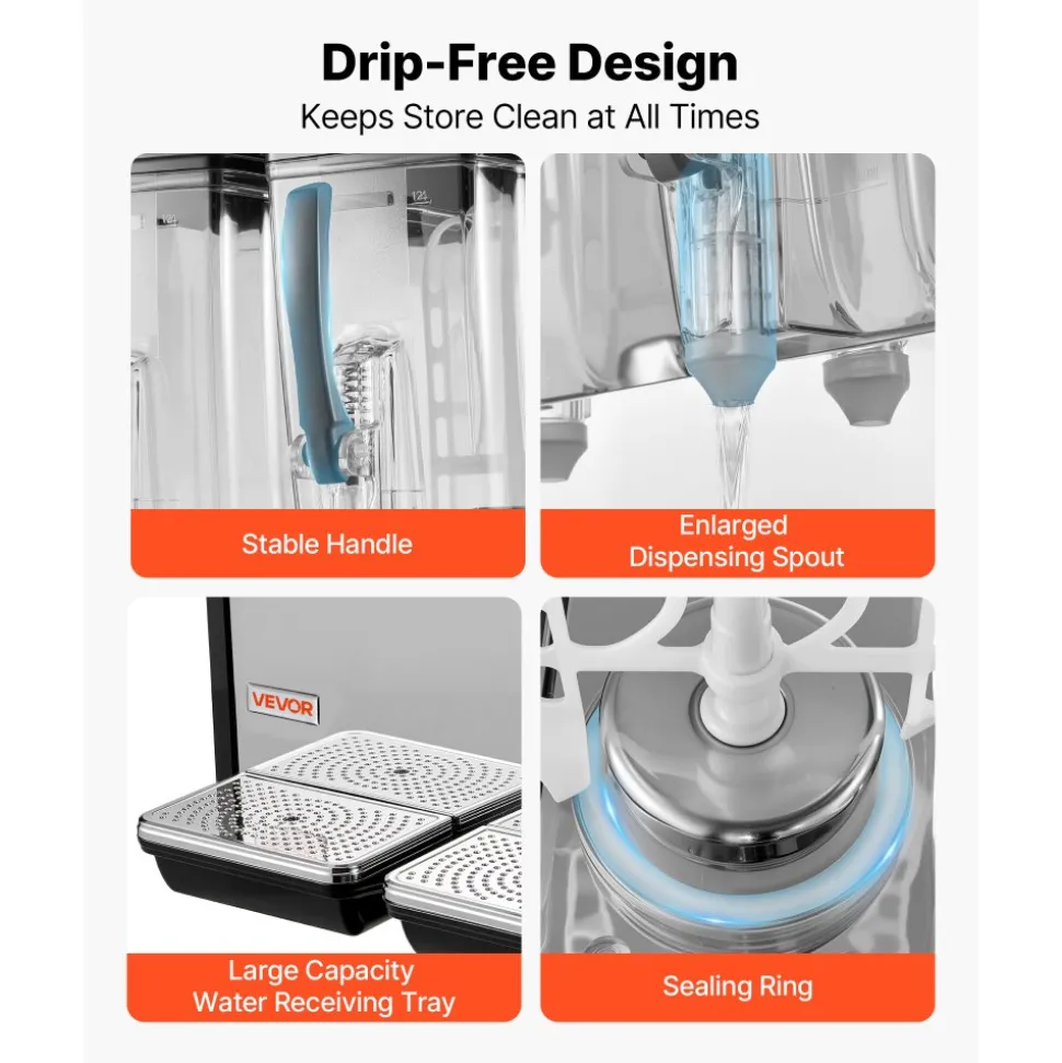 VEVOR Commercial Beverage Dispenser 4 Tanks 12 L / 12.7 QT Per Tank, Stainless Steel Juice Dispenser, Ice Tea Drink Machine with 45℉ to 54℉ Cooling Temperature, for Cold Drink Restaurant Bar Party