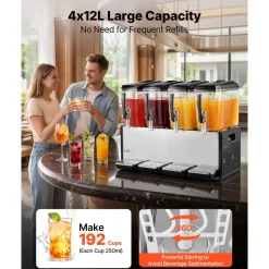 VEVOR Commercial Beverage Dispenser 4 Tanks 12 L / 12.7 QT Per Tank, Stainless Steel Juice Dispenser, Ice Tea Drink Machine with 45℉ to 54℉ Cooling Temperature, for Cold Drink Restaurant Bar Party