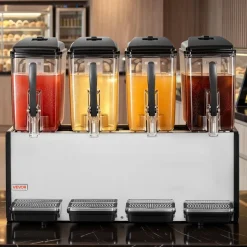 VEVOR Commercial Beverage Dispenser 4 Tanks 12 L / 12.7 QT Per Tank, Stainless Steel Juice Dispenser, Ice Tea Drink Machine with 45℉ to 54℉ Cooling Temperature, for Cold Drink Restaurant Bar Party