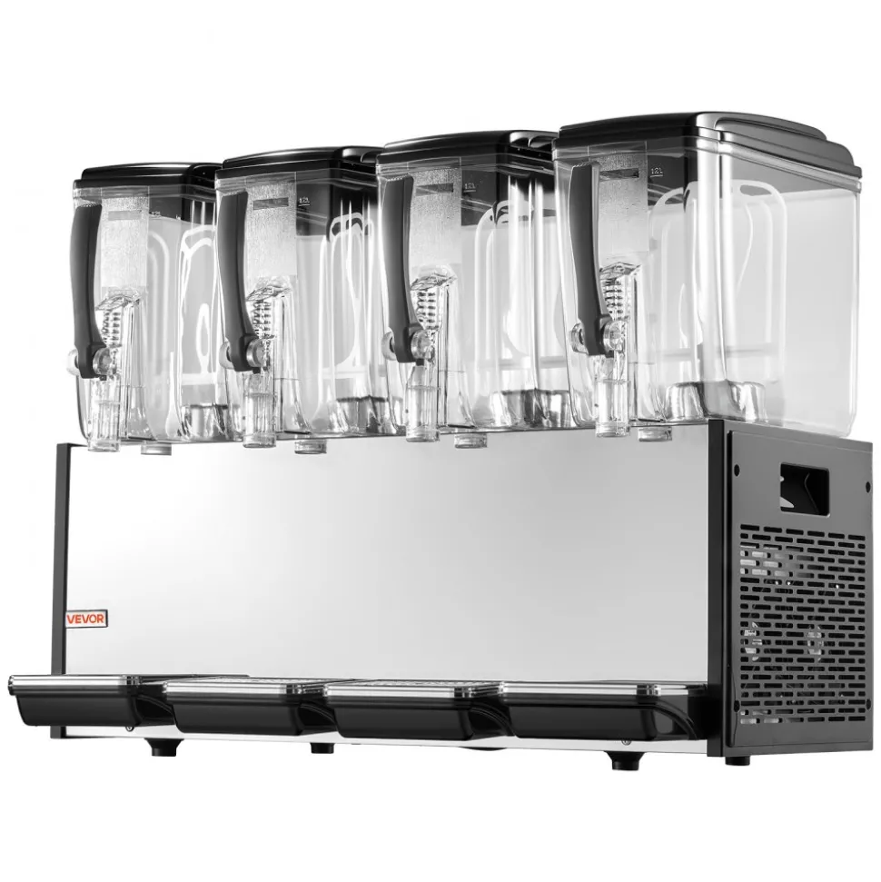 VEVOR Commercial Beverage Dispenser 4 Tanks 12 L / 12.7 QT Per Tank, Stainless Steel Juice Dispenser, Ice Tea Drink Machine with 45℉ to 54℉ Cooling Temperature, for Cold Drink Restaurant Bar Party