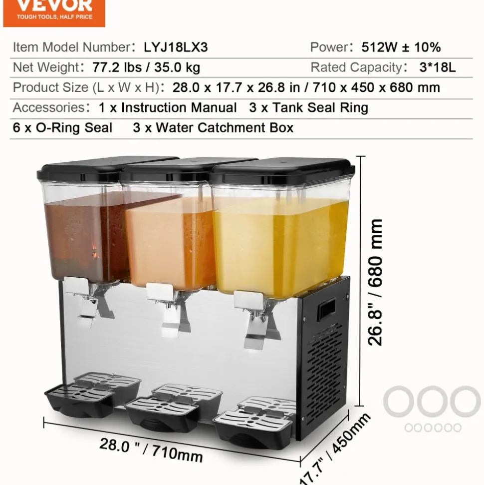 VEVOR Commercial Beverage Dispenser, 3 Tanks 18 L / 19 QT Per Tank Juice Dispenser, 512W Stainless Steel Ice Tea Drink Machine with 45°F-54°F Cooling Temperature, for Cold Drink Restaurant Bar Party