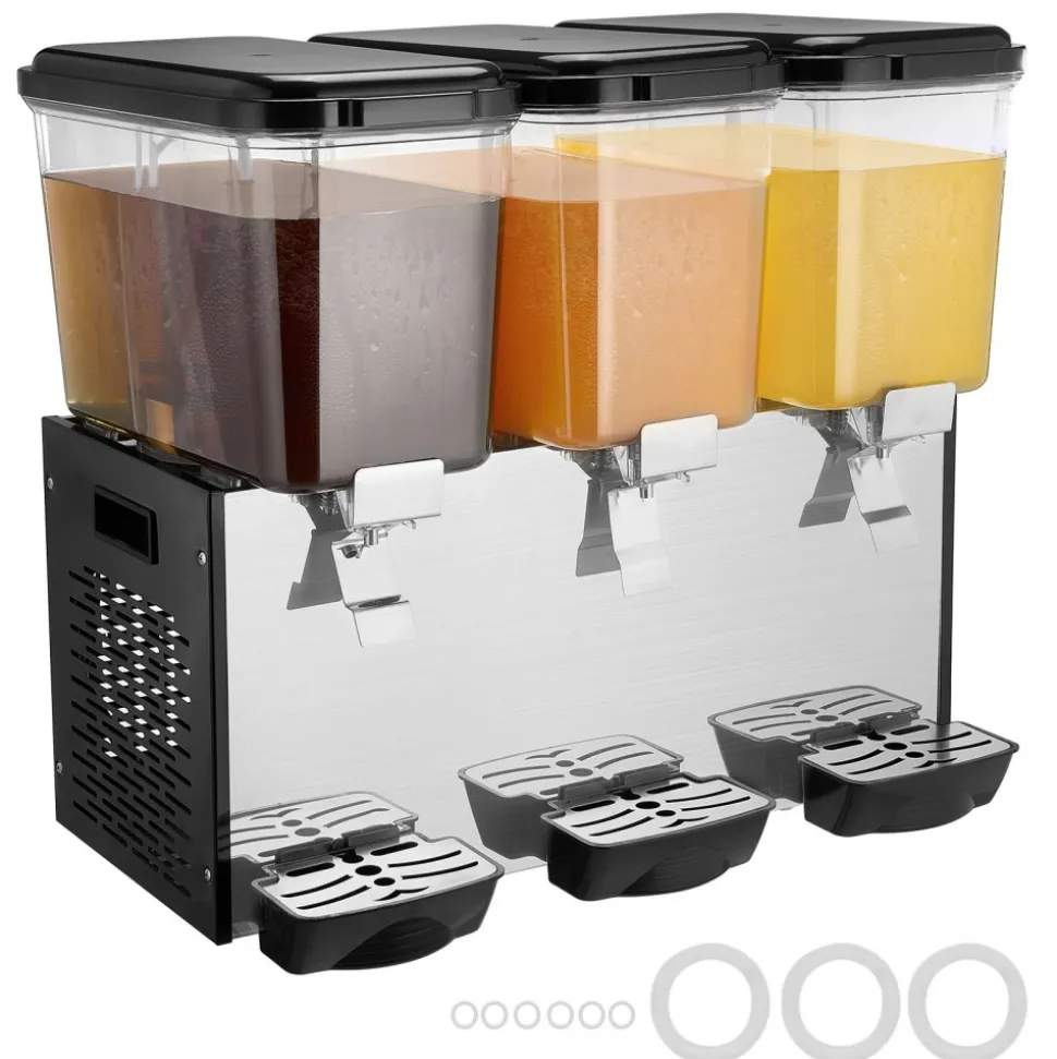 VEVOR Commercial Beverage Dispenser, 3 Tanks 18 L / 19 QT Per Tank Juice Dispenser, 512W Stainless Steel Ice Tea Drink Machine with 45°F-54°F Cooling Temperature, for Cold Drink Restaurant Bar Party