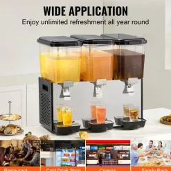 VEVOR Commercial Beverage Dispenser, 3 Tanks 18 L / 19 QT Per Tank Juice Dispenser, 512W Stainless Steel Ice Tea Drink Machine with 45°F-54°F Cooling Temperature, for Cold Drink Restaurant Bar Party