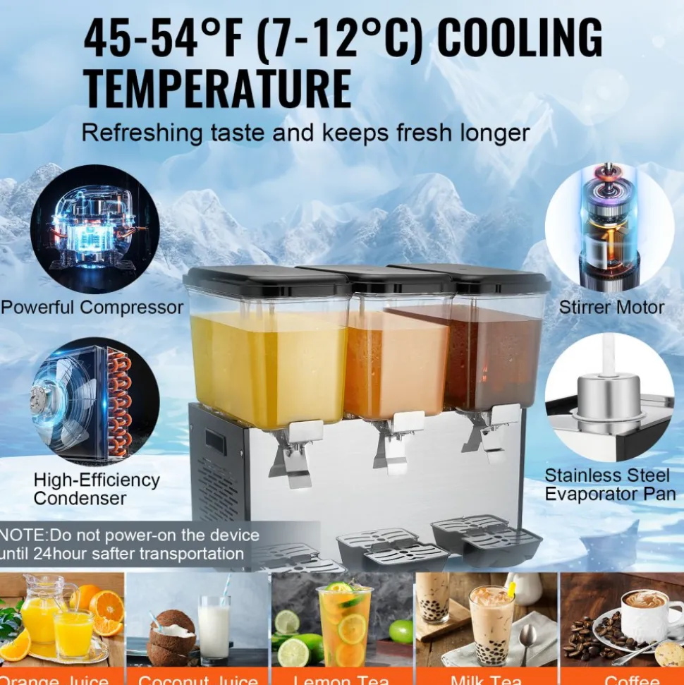 VEVOR Commercial Beverage Dispenser, 3 Tanks 18 L / 19 QT Per Tank Juice Dispenser, 512W Stainless Steel Ice Tea Drink Machine with 45°F-54°F Cooling Temperature, for Cold Drink Restaurant Bar Party