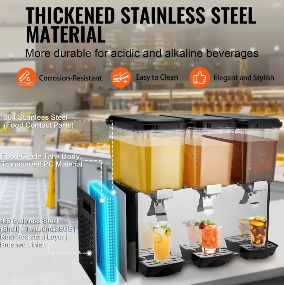 VEVOR Commercial Beverage Dispenser, 3 Tanks 18 L / 19 QT Per Tank Juice Dispenser, 512W Stainless Steel Ice Tea Drink Machine with 45°F-54°F Cooling Temperature, for Cold Drink Restaurant Bar Party