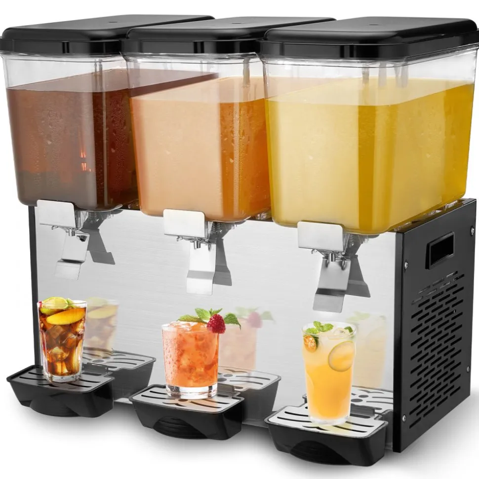 VEVOR Commercial Beverage Dispenser, 3 Tanks 18 L / 19 QT Per Tank Juice Dispenser, 512W Stainless Steel Ice Tea Drink Machine with 45°F-54°F Cooling Temperature, for Cold Drink Restaurant Bar Party