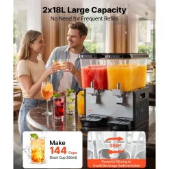 VEVOR Commercial Beverage Dispenser 2 Tanks 18 L / 19 QT Per Tank, Stainless Steel Juice Dispenser, Ice Tea Drink Machine with 45℉ to 54℉ Cooling Temperature, for Cold Drink Restaurant Bar Party