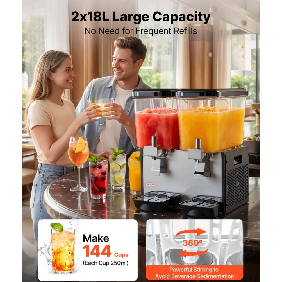 VEVOR Commercial Beverage Dispenser 2 Tanks 18 L / 19 QT Per Tank, Stainless Steel Juice Dispenser, Ice Tea Drink Machine with 45℉ to 54℉ Cooling Temperature, for Cold Drink Restaurant Bar Party