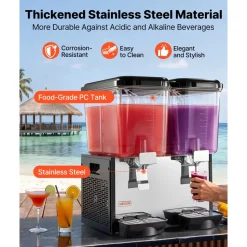 VEVOR Commercial Beverage Dispenser 2 Tanks 18 L / 19 QT Per Tank, Stainless Steel Juice Dispenser, Ice Tea Drink Machine with 45℉ to 54℉ Cooling Temperature, for Cold Drink Restaurant Bar Party