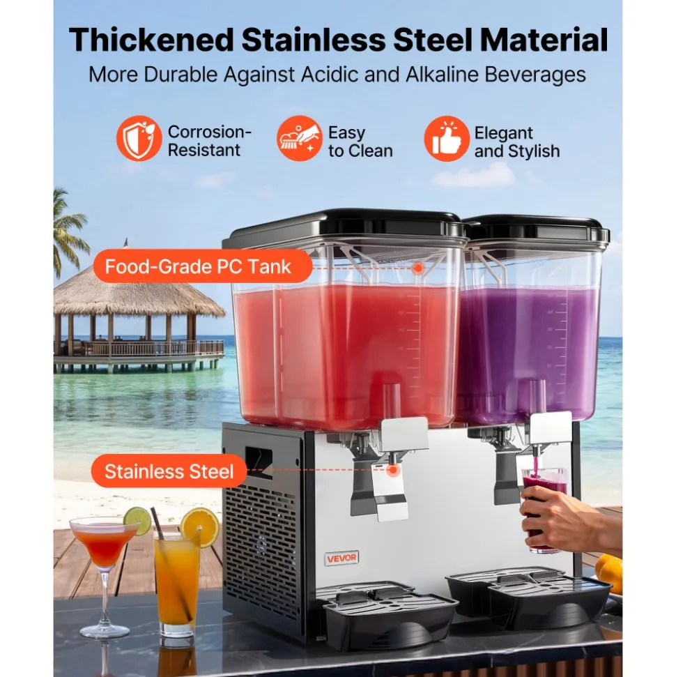 VEVOR Commercial Beverage Dispenser 2 Tanks 18 L / 19 QT Per Tank, Stainless Steel Juice Dispenser, Ice Tea Drink Machine with 45℉ to 54℉ Cooling Temperature, for Cold Drink Restaurant Bar Party