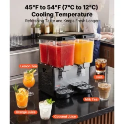 VEVOR Commercial Beverage Dispenser 2 Tanks 18 L / 19 QT Per Tank, Stainless Steel Juice Dispenser, Ice Tea Drink Machine with 45℉ to 54℉ Cooling Temperature, for Cold Drink Restaurant Bar Party