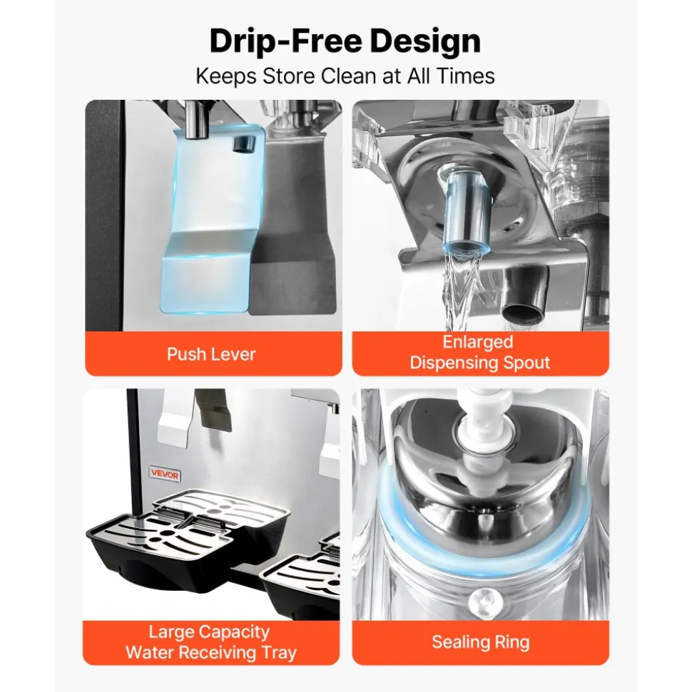 VEVOR Commercial Beverage Dispenser 2 Tanks 18 L / 19 QT Per Tank, Stainless Steel Juice Dispenser, Ice Tea Drink Machine with 45℉ to 54℉ Cooling Temperature, for Cold Drink Restaurant Bar Party