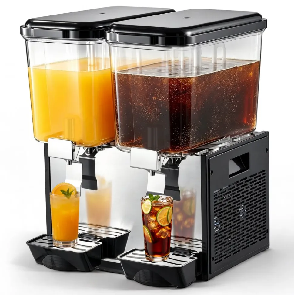 VEVOR Commercial Beverage Dispenser 2 Tanks 18 L / 19 QT Per Tank, Stainless Steel Juice Dispenser, Ice Tea Drink Machine with 45℉ to 54℉ Cooling Temperature, for Cold Drink Restaurant Bar Party