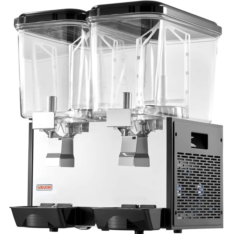 VEVOR Commercial Beverage Dispenser 2 Tanks 18 L / 19 QT Per Tank, Stainless Steel Juice Dispenser, Ice Tea Drink Machine with 45℉ to 54℉ Cooling Temperature, for Cold Drink Restaurant Bar Party