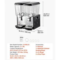VEVOR Commercial Beverage Dispenser 2 Tanks 18 L / 19 QT Per Tank, Stainless Steel Juice Dispenser, Ice Tea Drink Machine with 45℉ to 54℉ Cooling Temperature, for Cold Drink Restaurant Bar Party