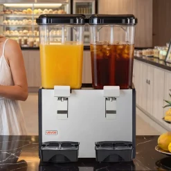 VEVOR Commercial Beverage Dispenser 2 Tanks 18 L / 19 QT Per Tank, Stainless Steel Juice Dispenser, Ice Tea Drink Machine with 45℉ to 54℉ Cooling Temperature, for Cold Drink Restaurant Bar Party