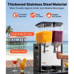 VEVOR Commercial Beverage Dispenser 2 Tanks 10 L / 10.6 QT Per Tank, Stainless Steel Juice Dispenser, Ice Tea Drink Machine with 45℉ to 54℉ Cooling Temperature, for Cold Drink Restaurant Bar Party