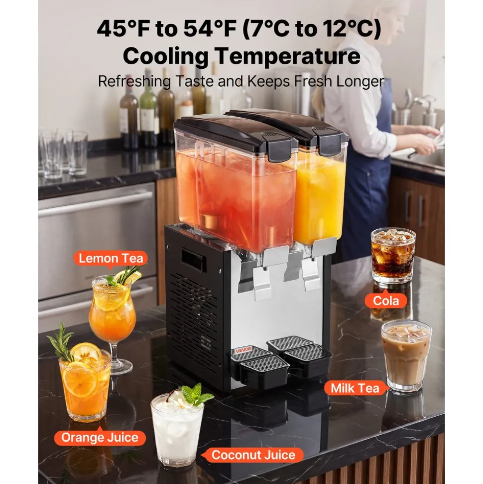 VEVOR Commercial Beverage Dispenser 2 Tanks 10 L / 10.6 QT Per Tank, Stainless Steel Juice Dispenser, Ice Tea Drink Machine with 45℉ to 54℉ Cooling Temperature, for Cold Drink Restaurant Bar Party