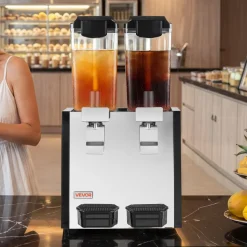 VEVOR Commercial Beverage Dispenser 2 Tanks 10 L / 10.6 QT Per Tank, Stainless Steel Juice Dispenser, Ice Tea Drink Machine with 45℉ to 54℉ Cooling Temperature, for Cold Drink Restaurant Bar Party