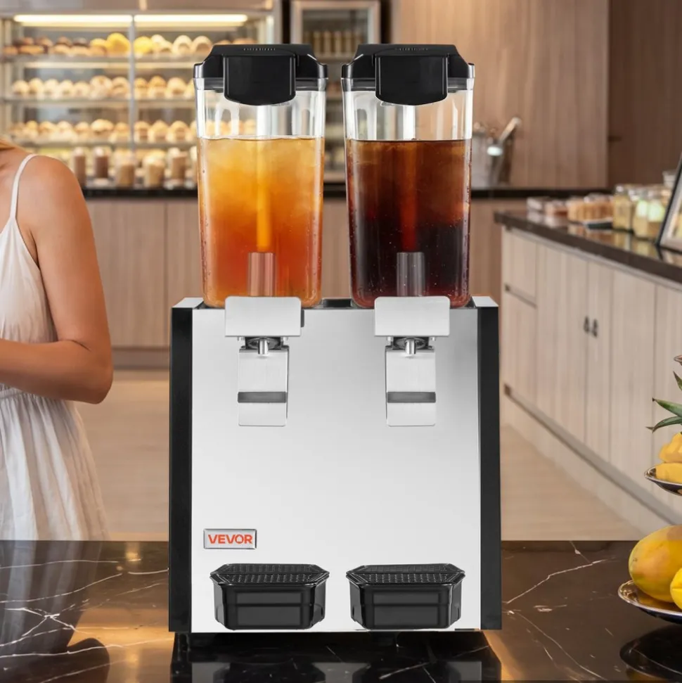VEVOR Commercial Beverage Dispenser 2 Tanks 10 L / 10.6 QT Per Tank, Stainless Steel Juice Dispenser, Ice Tea Drink Machine with 45℉ to 54℉ Cooling Temperature, for Cold Drink Restaurant Bar Party