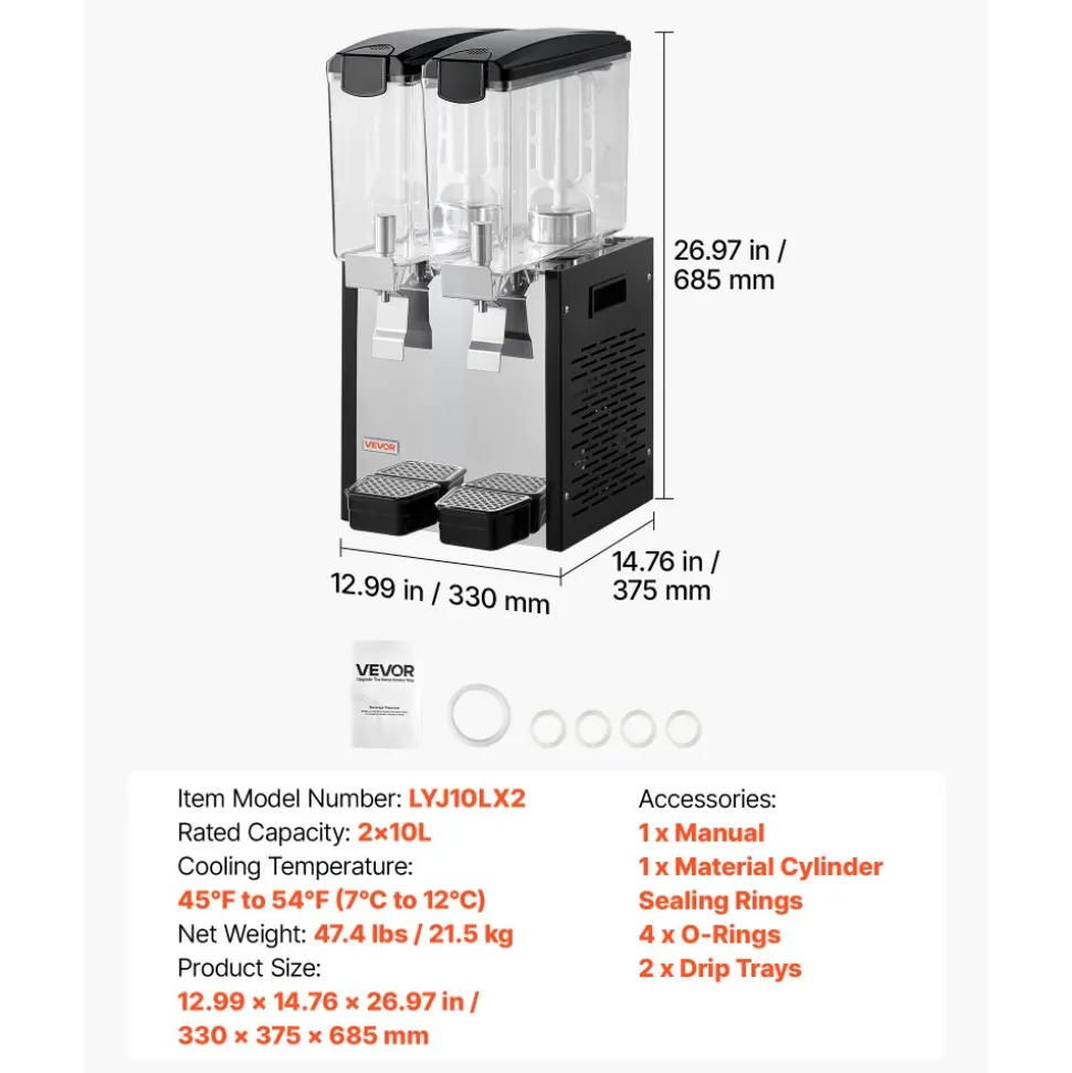 VEVOR Commercial Beverage Dispenser 2 Tanks 10 L / 10.6 QT Per Tank, Stainless Steel Juice Dispenser, Ice Tea Drink Machine with 45℉ to 54℉ Cooling Temperature, for Cold Drink Restaurant Bar Party