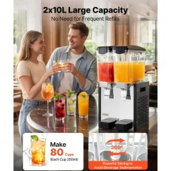 VEVOR Commercial Beverage Dispenser 2 Tanks 10 L / 10.6 QT Per Tank, Stainless Steel Juice Dispenser, Ice Tea Drink Machine with 45℉ to 54℉ Cooling Temperature, for Cold Drink Restaurant Bar Party