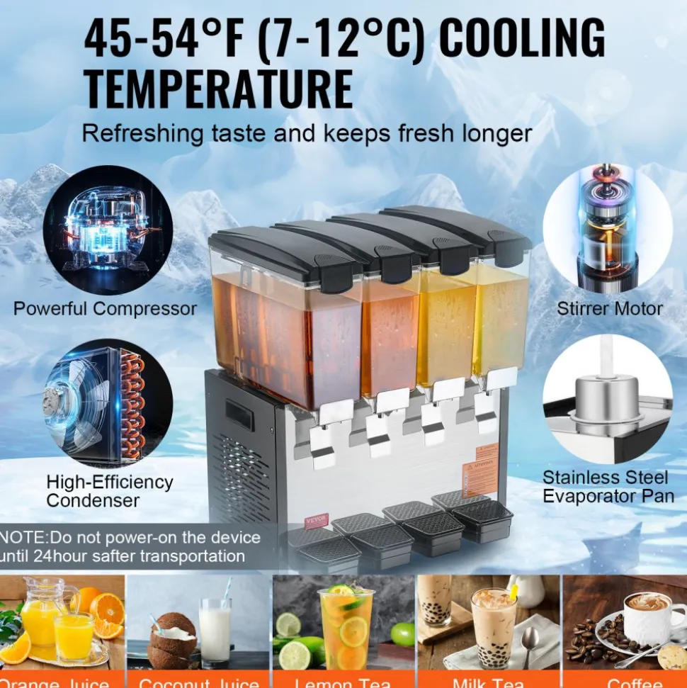 VEVOR Commercial Beverage Dispenser 3 Tanks 10 L / 10.6 QT Per Tank, Stainless Steel Juice Dispenser, Ice Tea Drink Machine with 45℉ to 54℉ Cooling Temperature, for Cold Drink Restaurant Bar Party