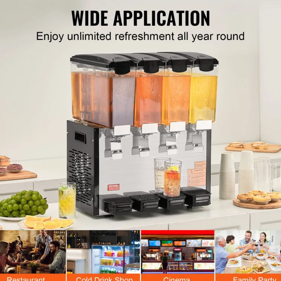 VEVOR Commercial Beverage Dispenser 3 Tanks 10 L / 10.6 QT Per Tank, Stainless Steel Juice Dispenser, Ice Tea Drink Machine with 45℉ to 54℉ Cooling Temperature, for Cold Drink Restaurant Bar Party
