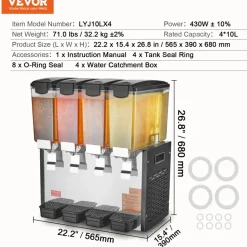 VEVOR Commercial Beverage Dispenser 3 Tanks 10 L / 10.6 QT Per Tank, Stainless Steel Juice Dispenser, Ice Tea Drink Machine with 45℉ to 54℉ Cooling Temperature, for Cold Drink Restaurant Bar Party