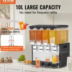 VEVOR Commercial Beverage Dispenser 3 Tanks 10 L / 10.6 QT Per Tank, Stainless Steel Juice Dispenser, Ice Tea Drink Machine with 45℉ to 54℉ Cooling Temperature, for Cold Drink Restaurant Bar Party